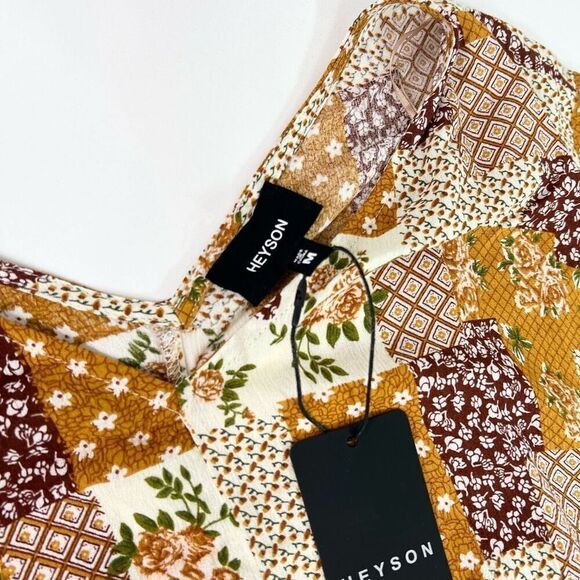 Heyson Blouse Womens Medium Brown Floral Cropped Smocked new western patchwork - Picture 4 of 9
